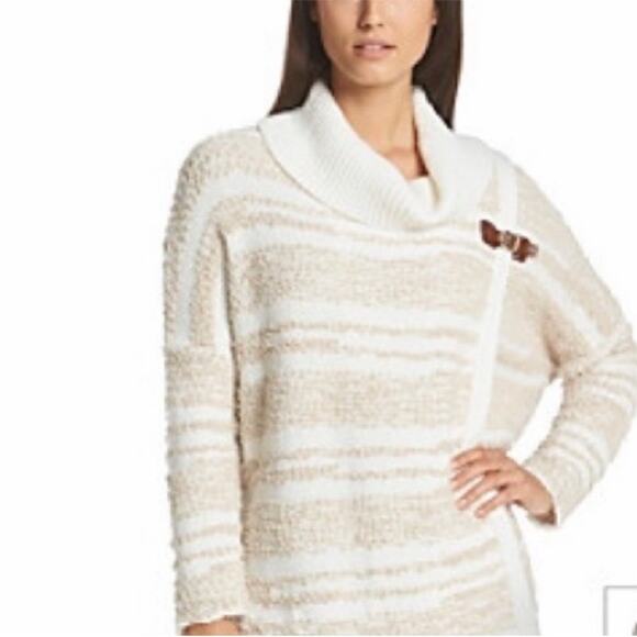 Calvin Klein Neutral Fuzzy Striped Knit Wrap Sweater Size S/M - Picture 1 of 11